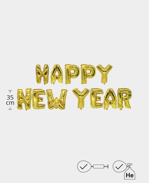 Let’s Celebrate Dekoration: 12 goldene Buchstaben-Folienballone HAPPY NEW YEAR