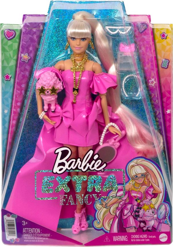 Barbie Extra Fancy Puppe pink Puppe im pinken Kleid, Hund, Accessoires, ab 3 Jahren