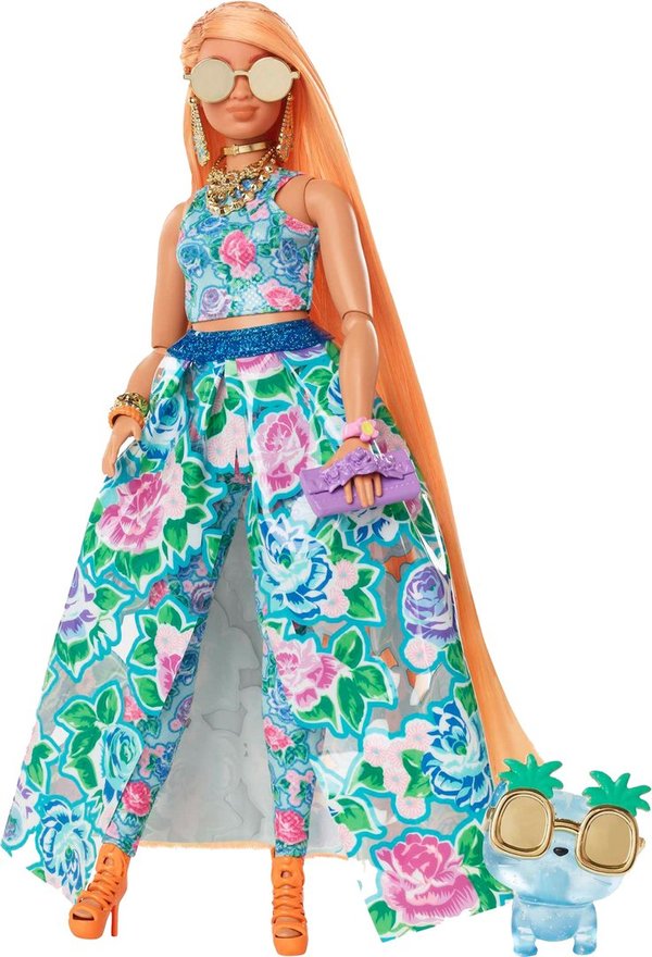Barbie Extra Fancy Puppe blau Puppe im blauen Kleid mit Blumenmuster, ab 3 Jahren