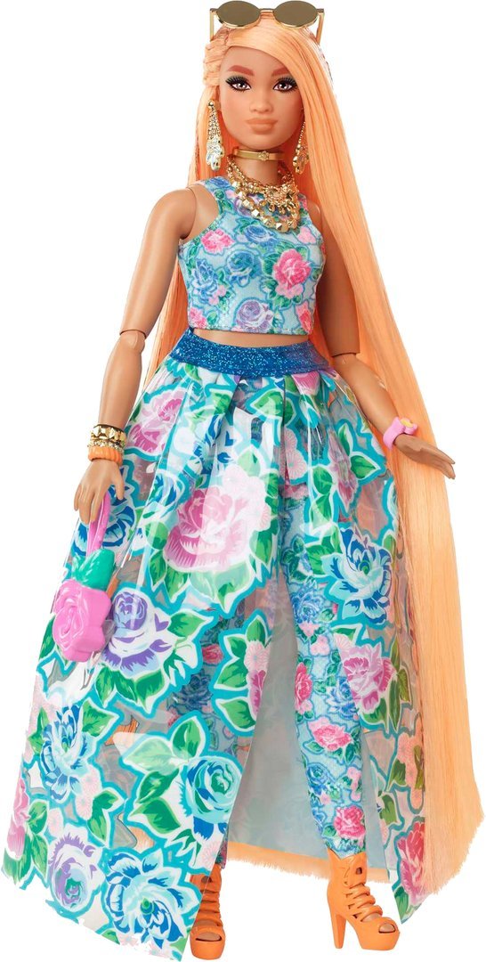 Barbie Extra Fancy Puppe blau Puppe im blauen Kleid mit Blumenmuster, ab 3 Jahren