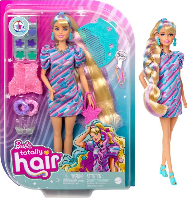 Barbie Totally Hair blond Puppe im Sternen Print Kleid, Haar-Zubehör, ab 3 Jahren
