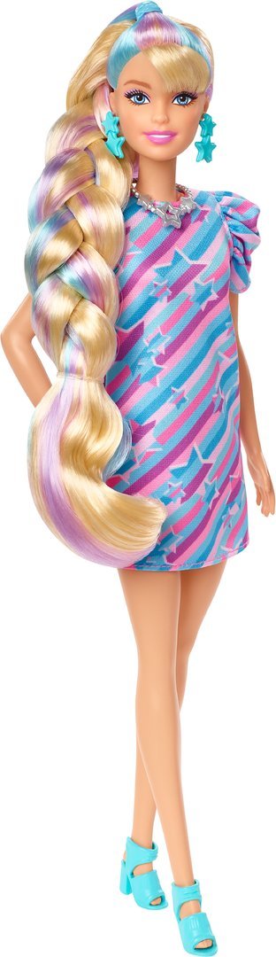 Barbie Totally Hair blond Puppe im Sternen Print Kleid, Haar-Zubehör, ab 3 Jahren