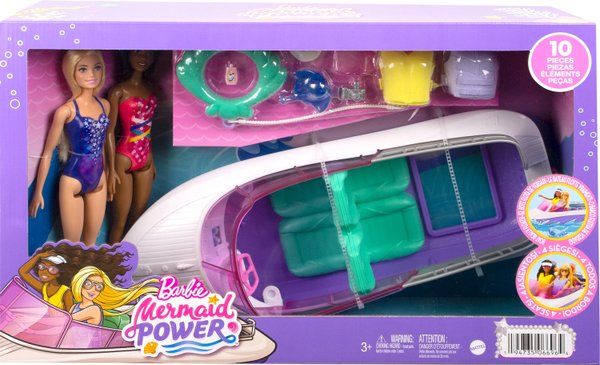 Barbie Mermaid Power Boot 2 Puppen, Boot ca. 12x17x44 cm, Schwimmwesten, Zubehör, ab 3 J.