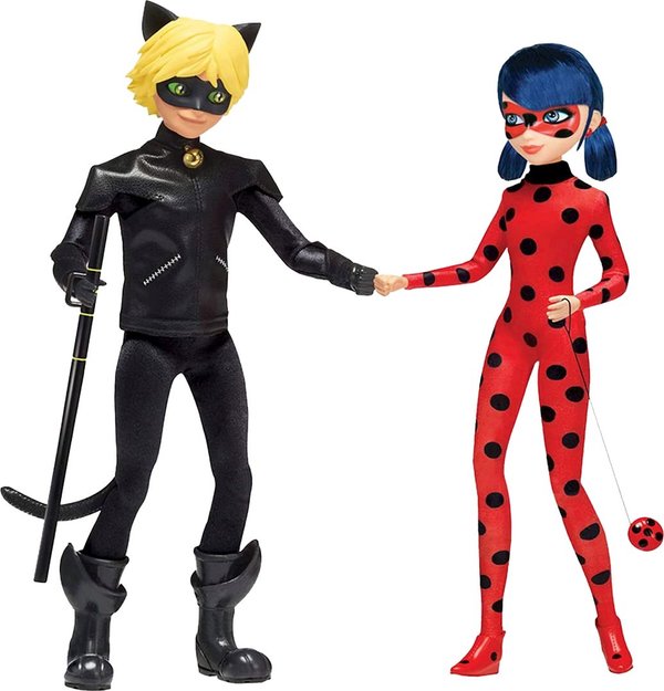 Miraculous Ladybug und Cat Noir 2 Puppen ca. 26 cm, Superhelden- Zubehör, ab 4 Jahren